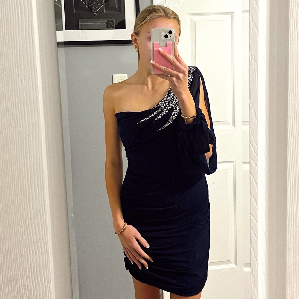 Deb Navy Blue One Shoulder Bodycon Homecoming Dress